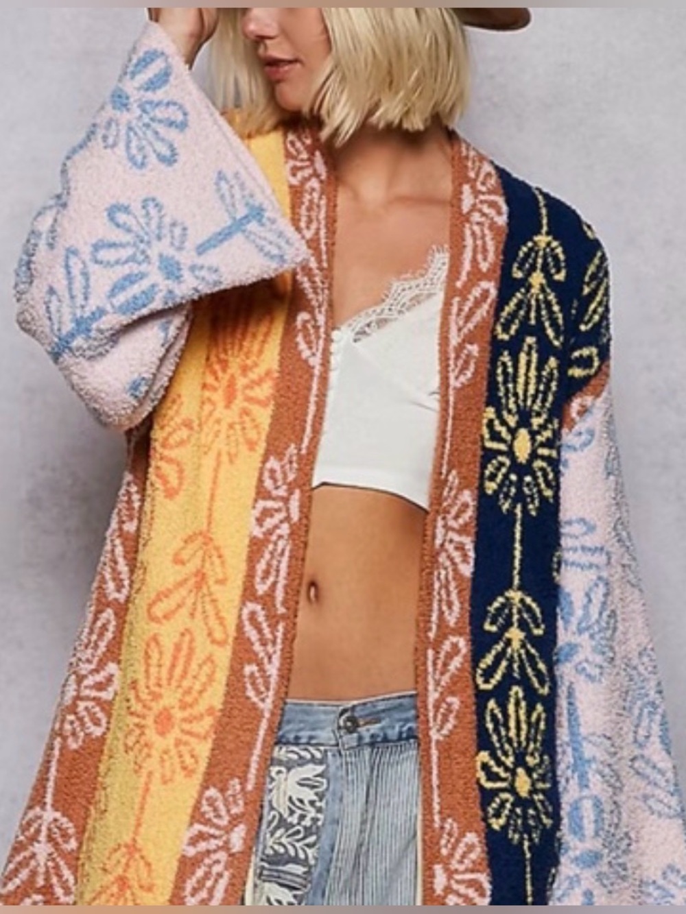 POL Floral Stripe Berber Multi-Color Open Front Cardigan - Size Large NWOT